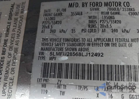 2008 Lincoln Navigator from USA, damaged, VIN 5LMFU28568LJ12492